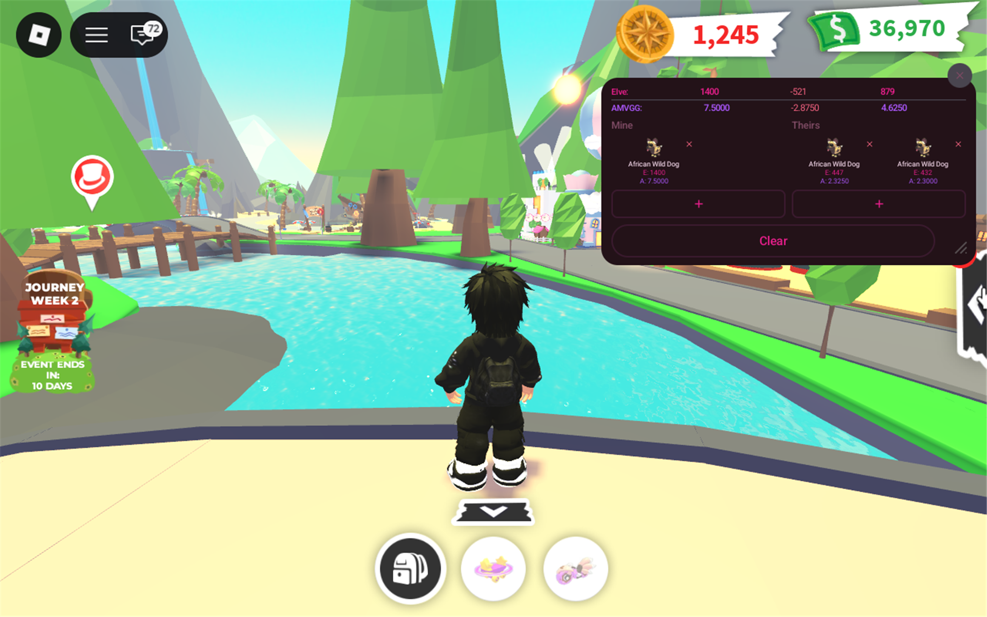 AMVerse trade calculator overlay running live inside Roblox Adopt Me, showing Elvebredd and AMVGG values side by side