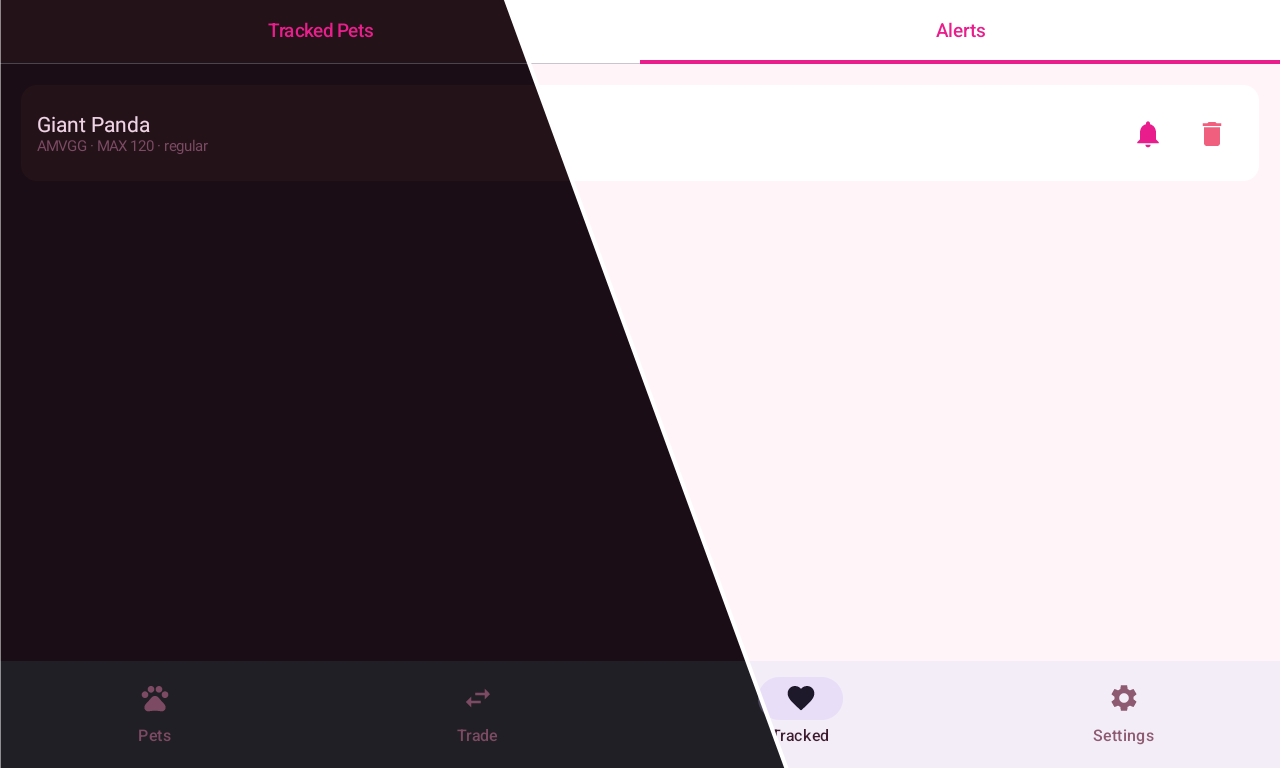 AMVerse Android price alerts showing notification settings for tracked pets
